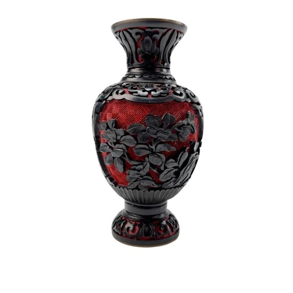 Vintage mid-century 5" Hand Carved Cinnabar Lacquer Vase Blue Enamel Gold Rim